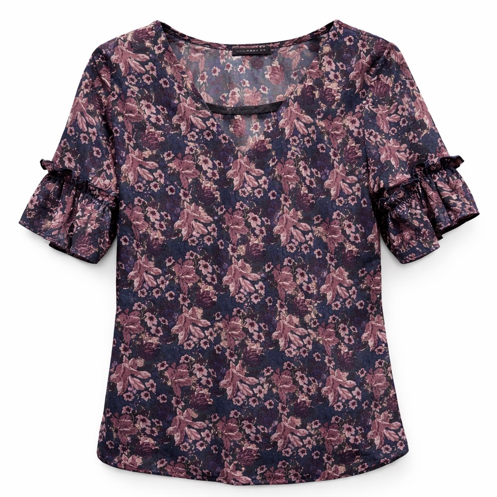 West Kei Floral Print Blouse XS Ruffle Sleeves‎ V-Neck Patterned Top